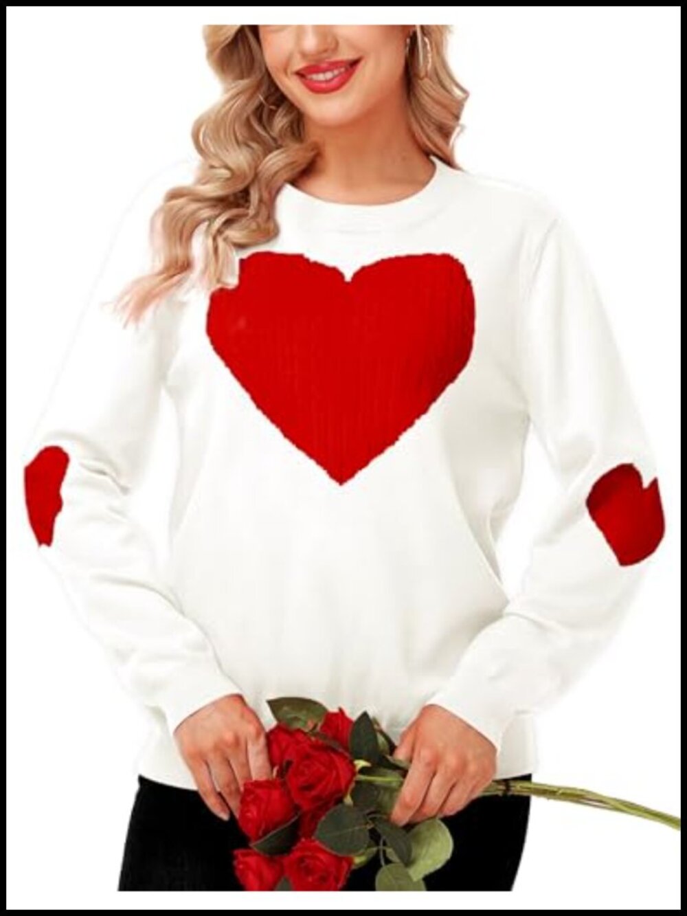 Women's Cute Heart Sweater Long Sleeve Crew Neck Ribbed Knit Pullover